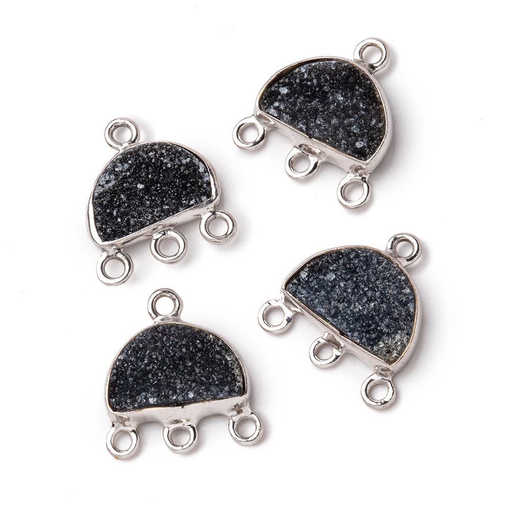 11x7mm .925 Silver Bezel Black Drusy Half Moon 3 ring Connector 1 piece - Beadsofcambay.com