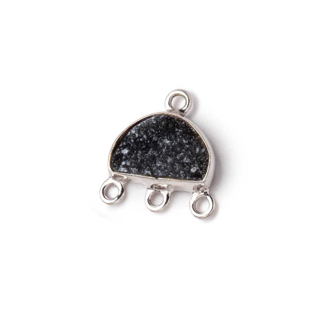 11x7mm .925 Silver Bezel Black Drusy Half Moon 3 ring Connector 1 piece - Beadsofcambay.com