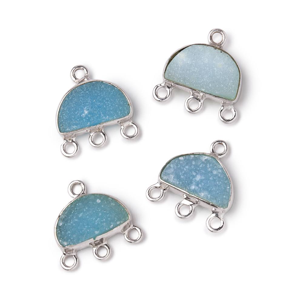 11x7mm .925 Silver Bezel Santorini Blue Drusy Half Moon 3 ring Connector 1 piece - Beadsofcambay.com