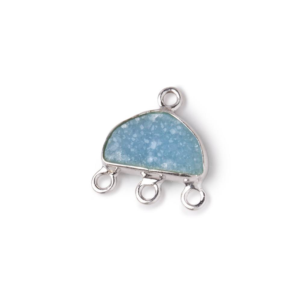 11x7mm .925 Silver Bezel Santorini Blue Drusy Half Moon 3 ring Connector 1 piece - Beadsofcambay.com