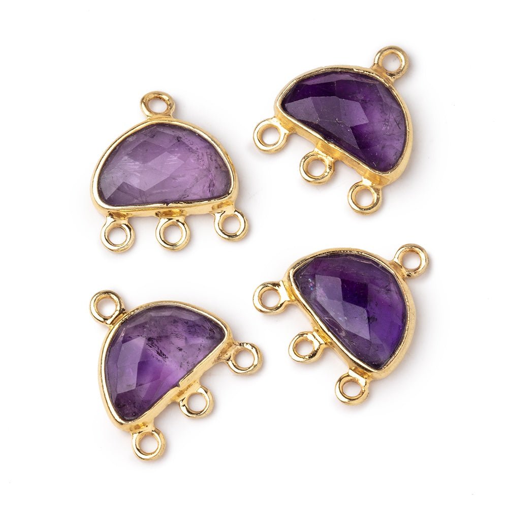 11x7mm Vermeil Bezel Amethyst faceted Half Moon 3 ring Connector 1 piece - Beadsofcambay.com