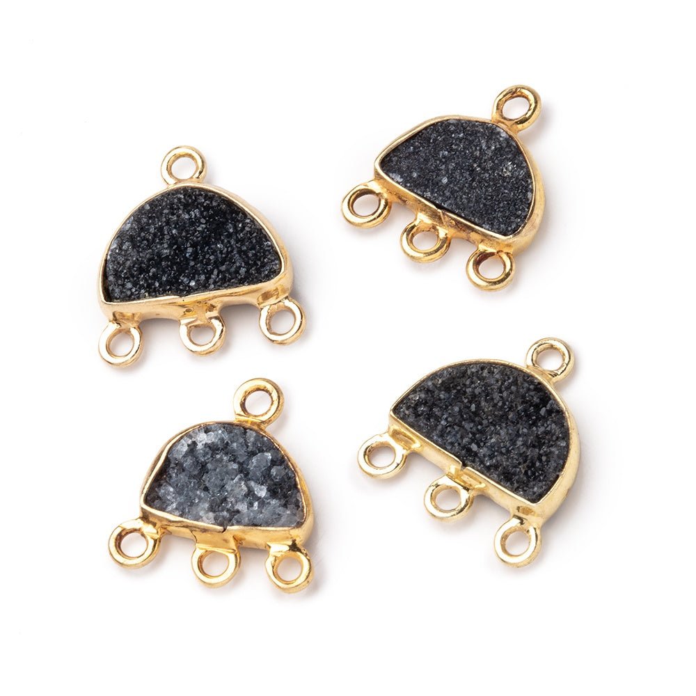 11x7mm Vermeil Bezel Black Drusy Half Moon 3 ring Connector 1 piece - Beadsofcambay.com