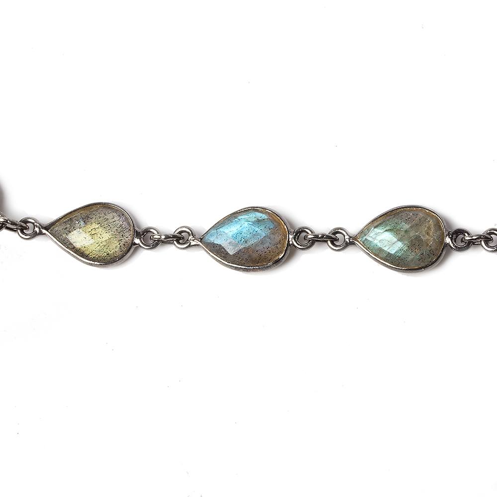 11x8mm Labradorite pear Oxidized Silver .925 Bezeled Chain by the foot 17 pcs - Beadsofcambay.com