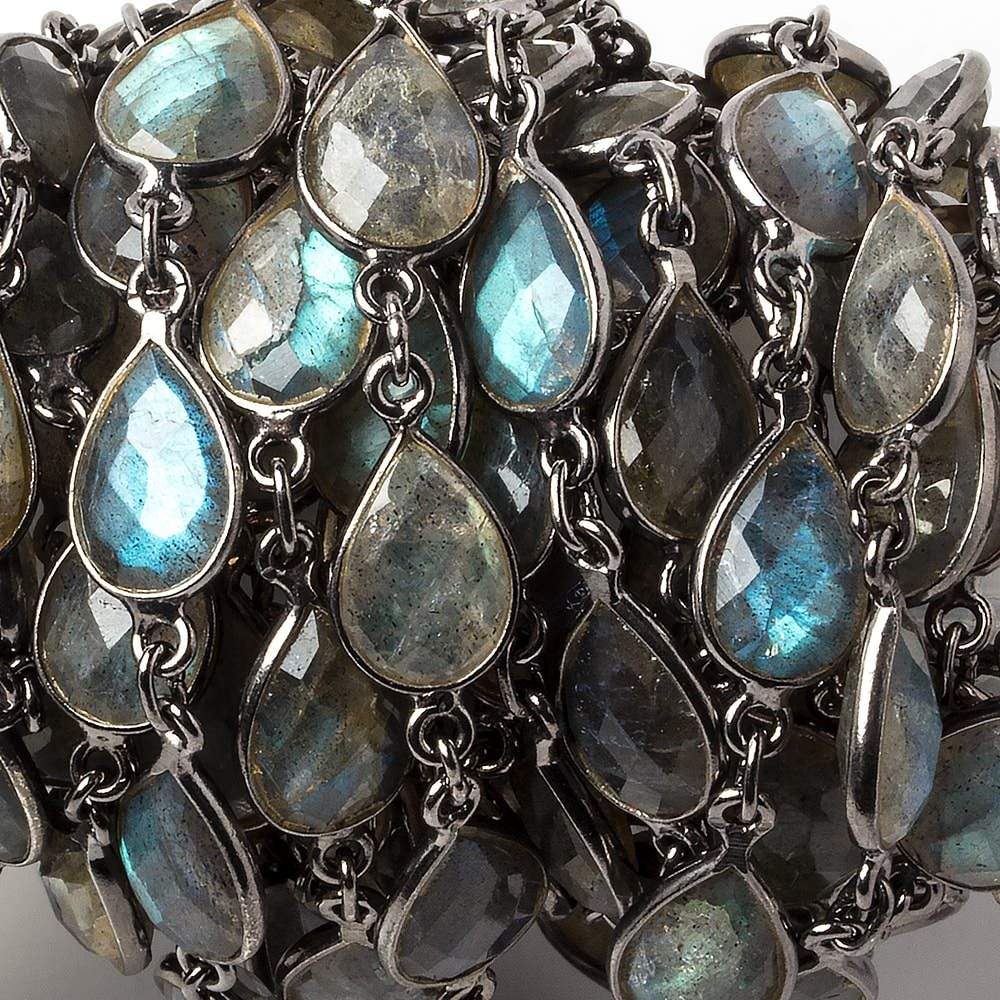 11x8mm Labradorite pear Oxidized Silver .925 Bezeled Chain by the foot 17 pcs - Beadsofcambay.com