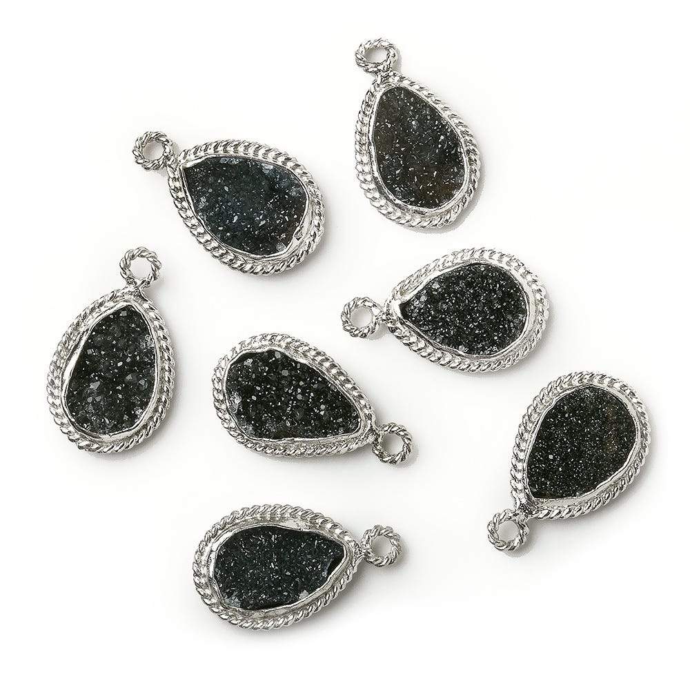 11x8mm Silver Rope Bezel Black Drusy Pear Pendant 1 piece - Beadsofcambay.com