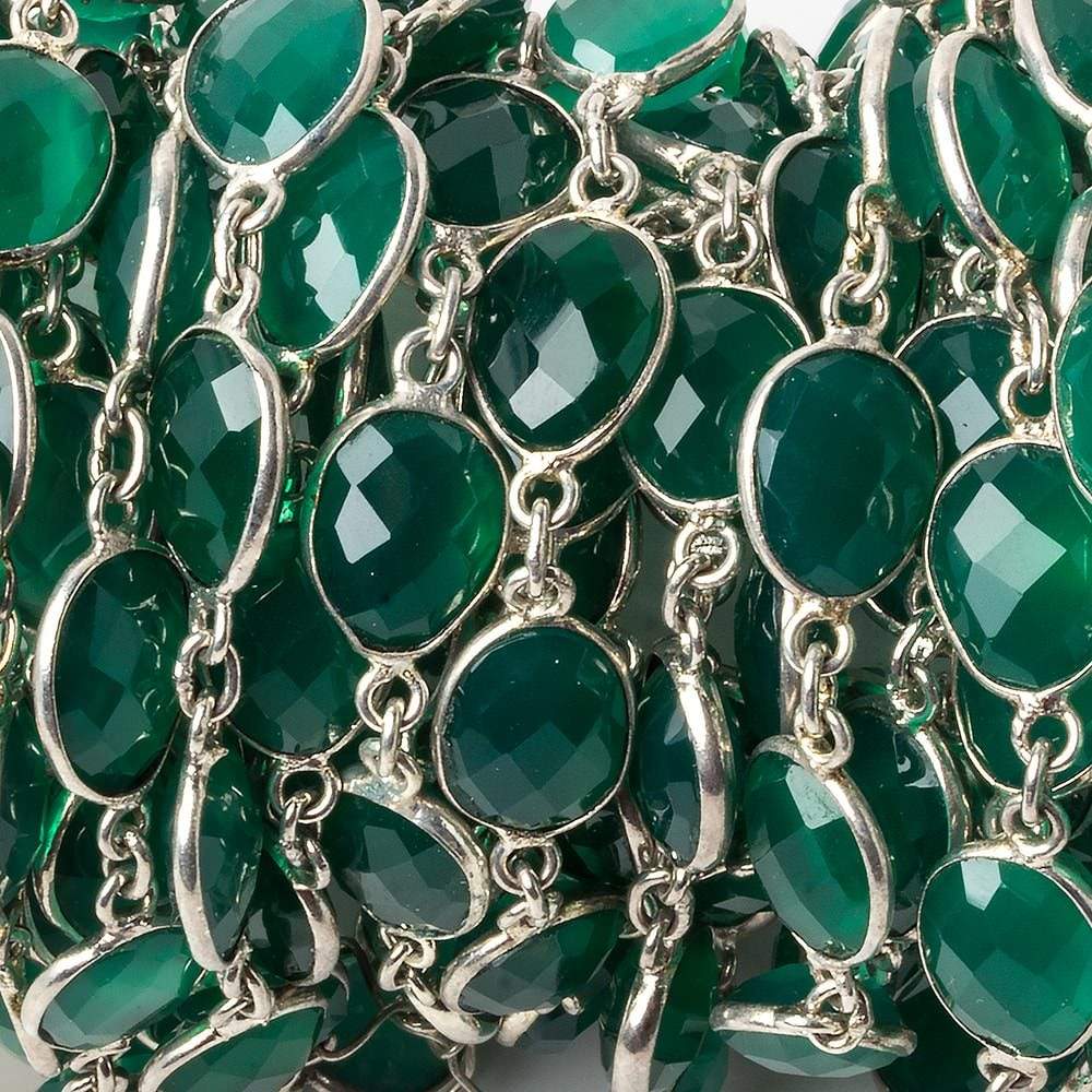 11x9mm Silver Bezel Green Onyx Nugget Silver .925 Chain by the foot 18 pieces - Beadsofcambay.com