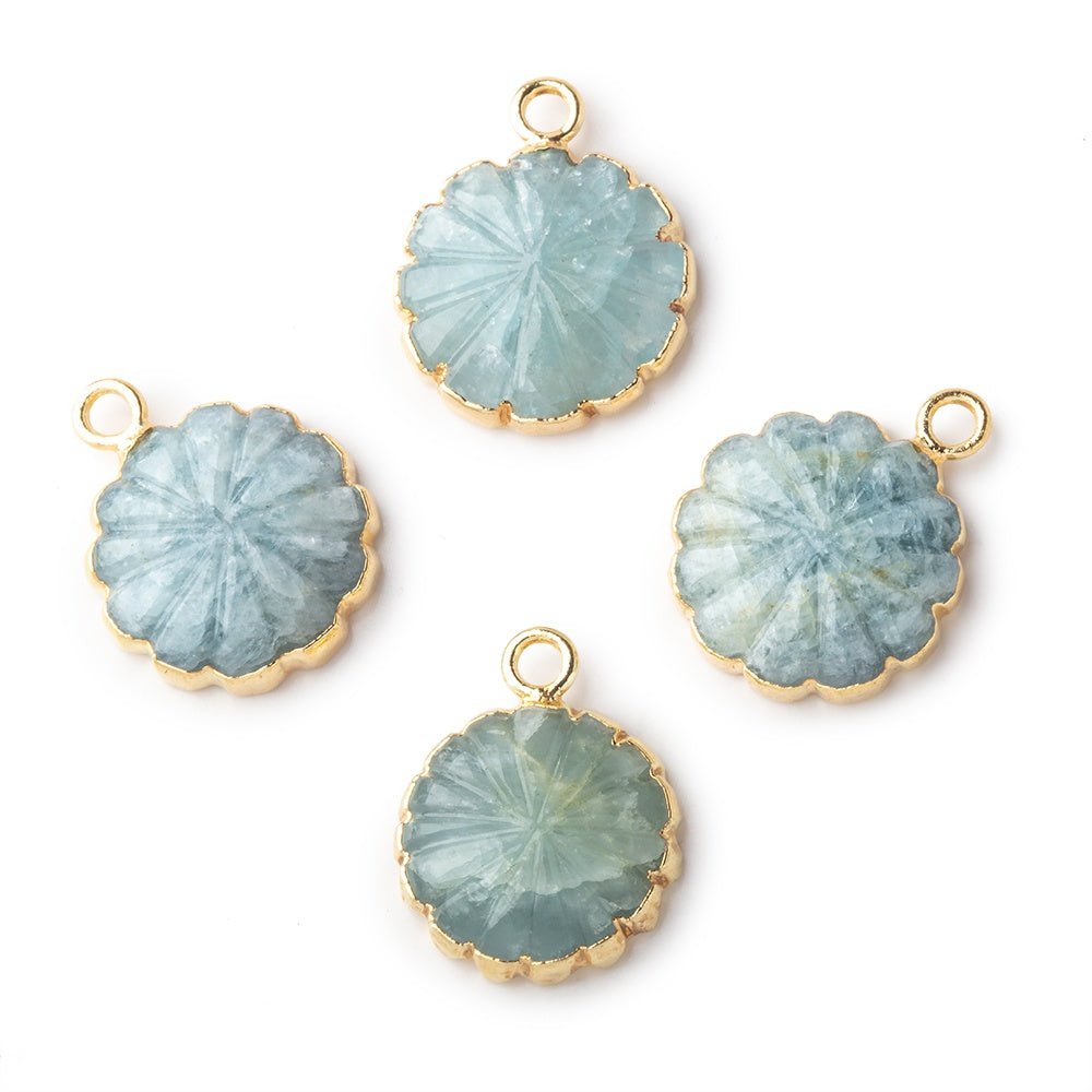 12-13mm Gold Leafed Aquamarine Carved Floral Coin Focal Pendant 1 piece - Beadsofcambay.com