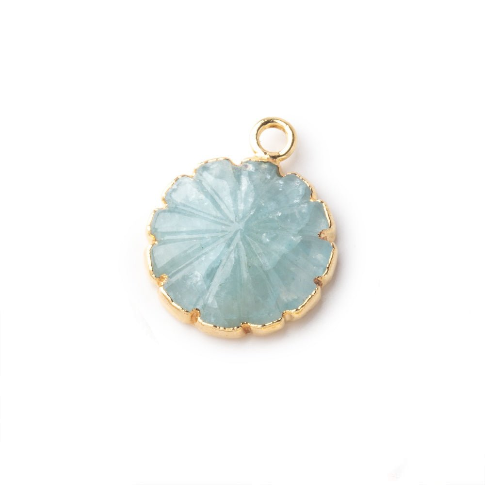 12-13mm Gold Leafed Aquamarine Carved Floral Coin Focal Pendant 1 piece - Beadsofcambay.com