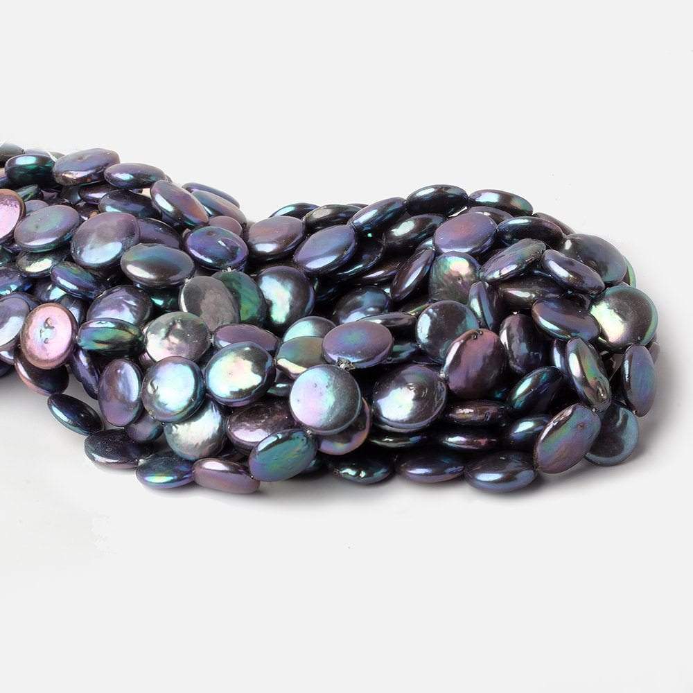 12-13mm Peacock Blue Purple Coin Freshwater Pearl 16 inch 31 pieces A - Beadsofcambay.com