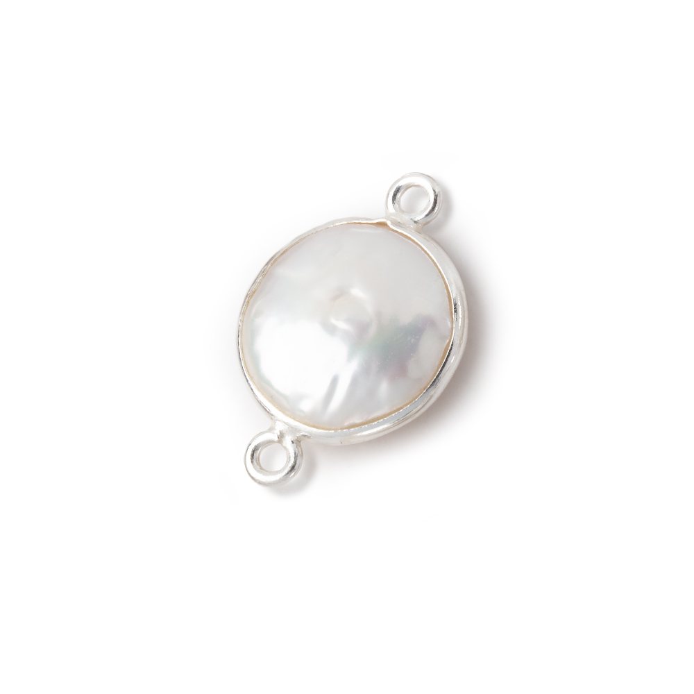 12-13mm Sterling Silver Bezel White Coin Freshwater Pearl Connector 1 piece - Beadsofcambay.com