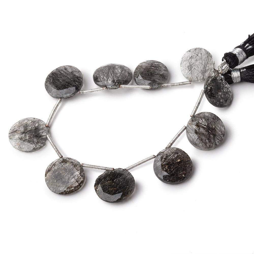 12-15mm Black Tourmalinated Quartz Faceted Coin Beads 6.5 inch 10 pieces - Beadsofcambay.com