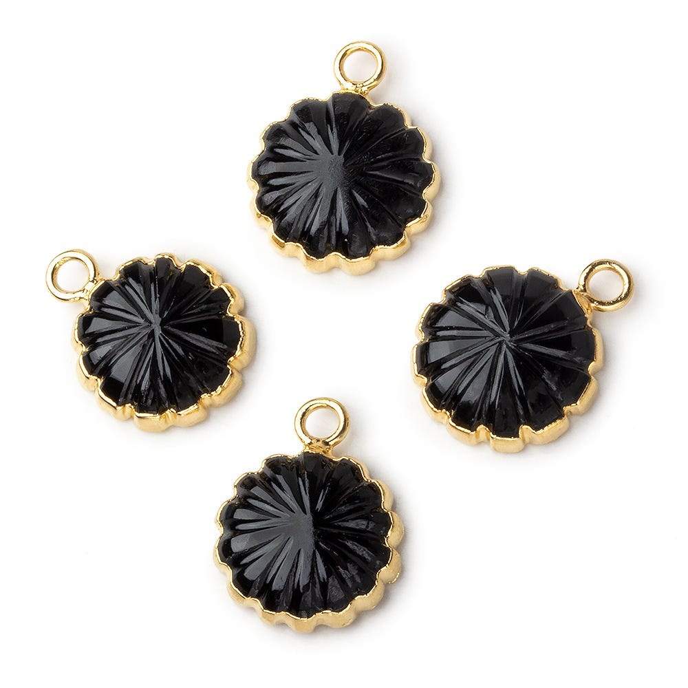 12mm 22kt Gold Leafed Black Chalcedony carved floral coin Pendant 1 focal bead - Beadsofcambay.com