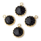 12mm 22kt Gold Leafed Black Chalcedony carved floral coin Pendant 1 focal bead - Beadsofcambay.com