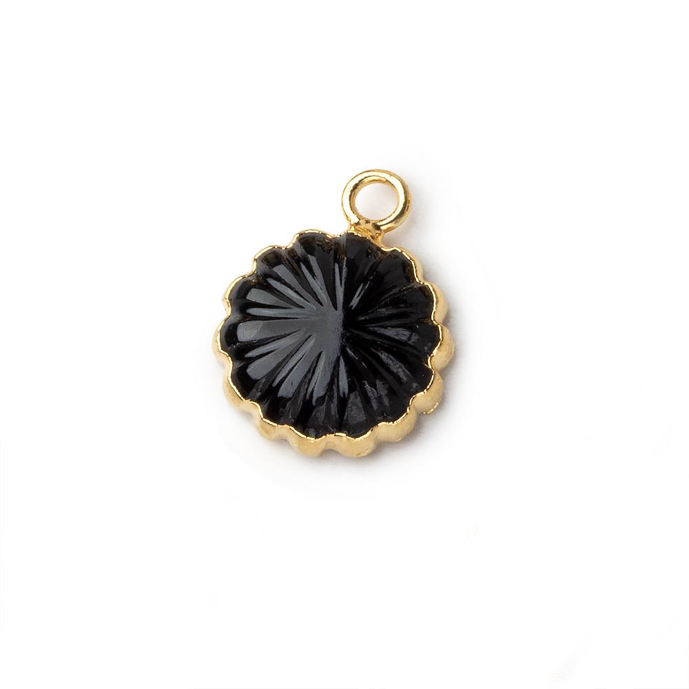 12mm 22kt Gold Leafed Black Chalcedony carved floral coin Pendant 1 focal bead - Beadsofcambay.com