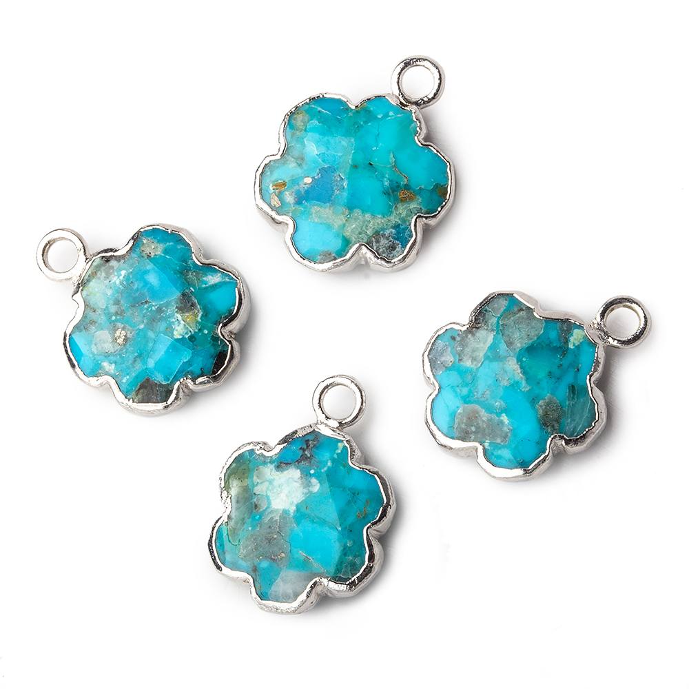 12mm Silver Leafed Enhanced Turquoise Faceted Quatrafoil Focal Bead Pendant sold as 1 piece - Beadsofcambay.com