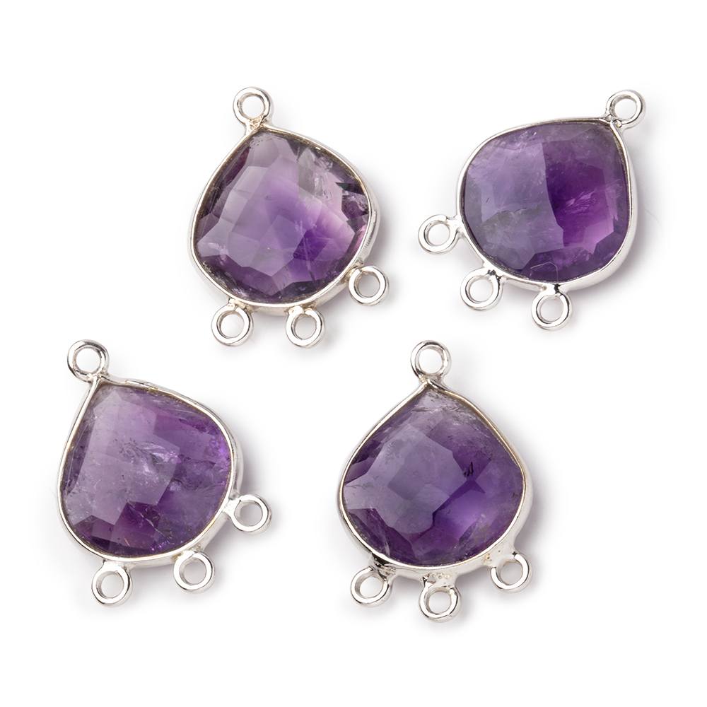 12mm Sterling Silver Bezel Amethyst Faceted Heart 3 ring Connector 1 Focal piece - Beadsofcambay.com