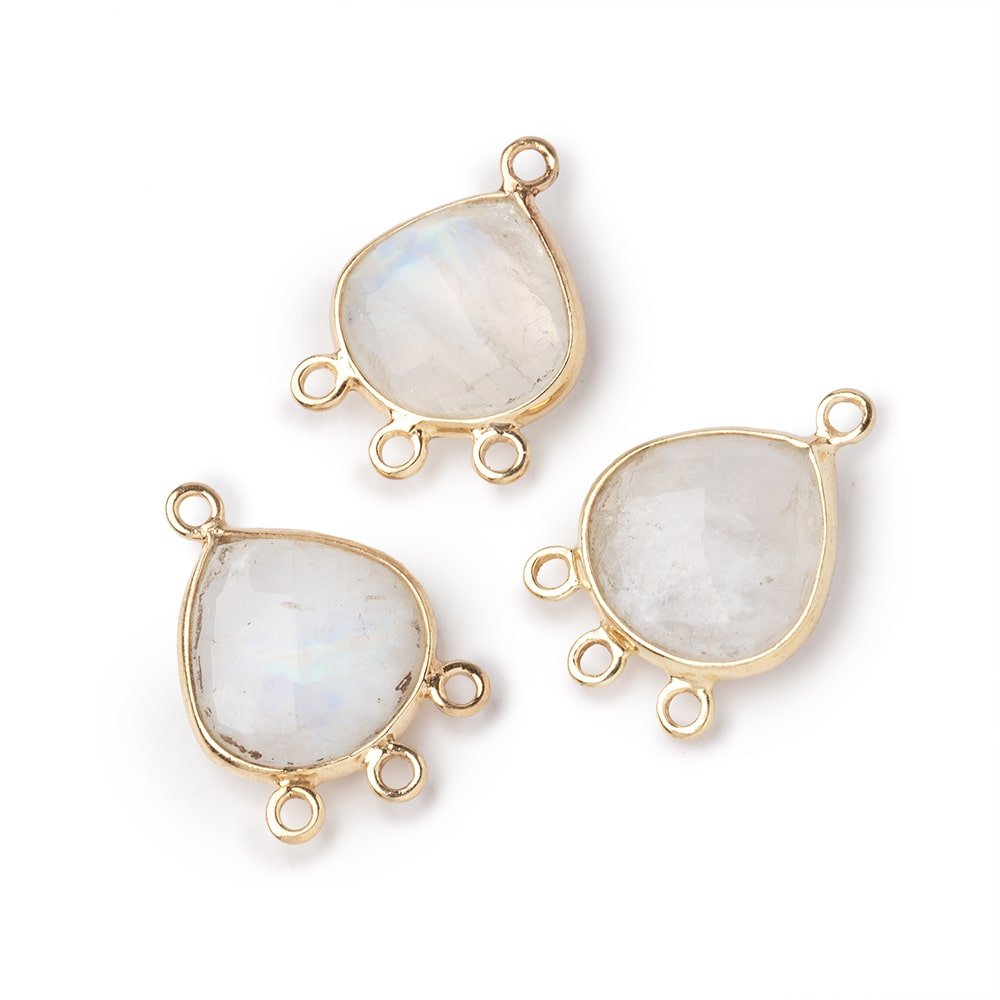 12mm Vermeil Bezel Rainbow Moonstone faceted heart 3 ring Connector 1 piece - Beadsofcambay.com