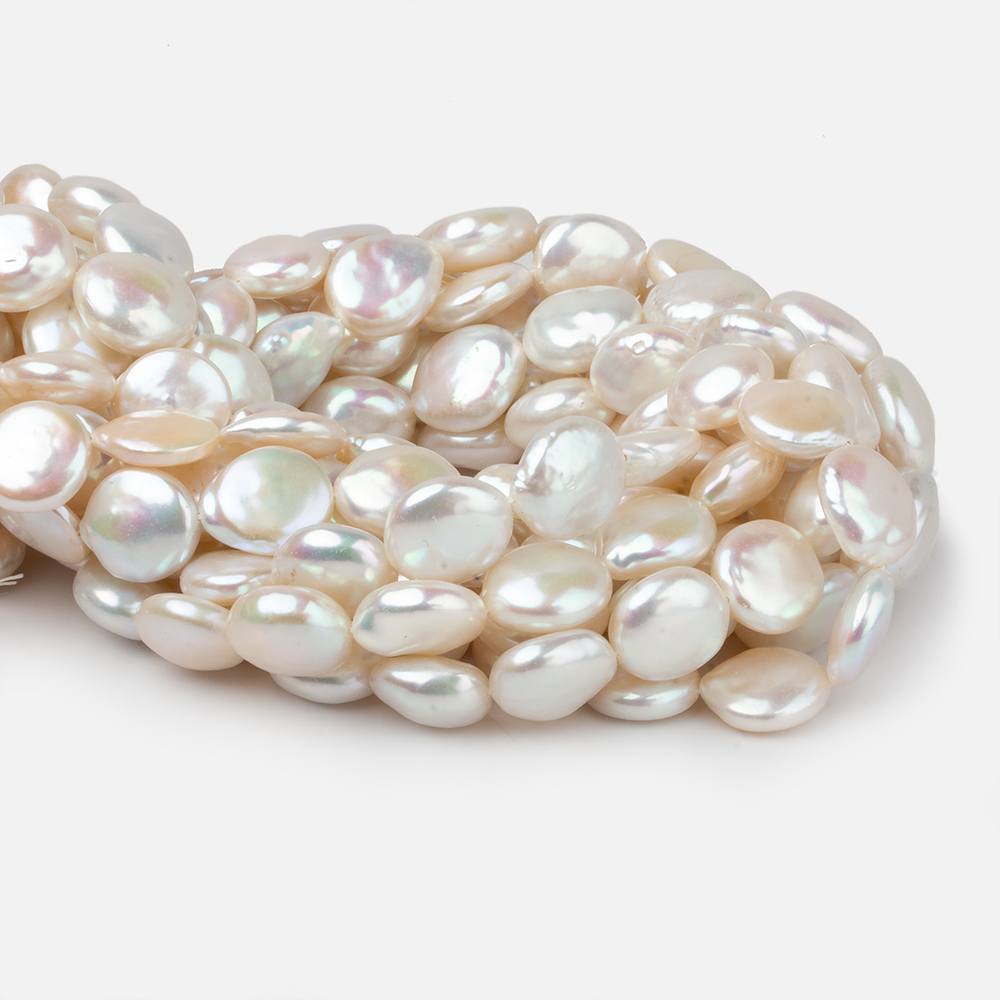 12mm White Iridescent Coin Freshwater Pearls 15 inch 29 pieces A - Beadsofcambay.com
