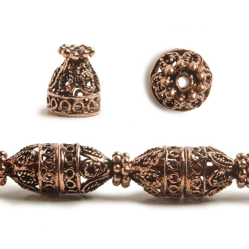 12x10mm Antiqued Copper Cone or Bead Cap Bali Design With Daisy Top and Rounded Shape 8 in 18 pcs - Beadsofcambay.com