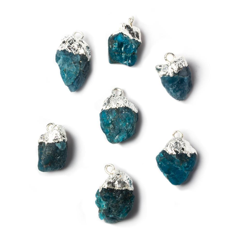 12x8mm to 18x8mm Silver Leafed Neon Blue Apatite Natural Crystal Pendant Set of 7 - Beadsofcambay.com
