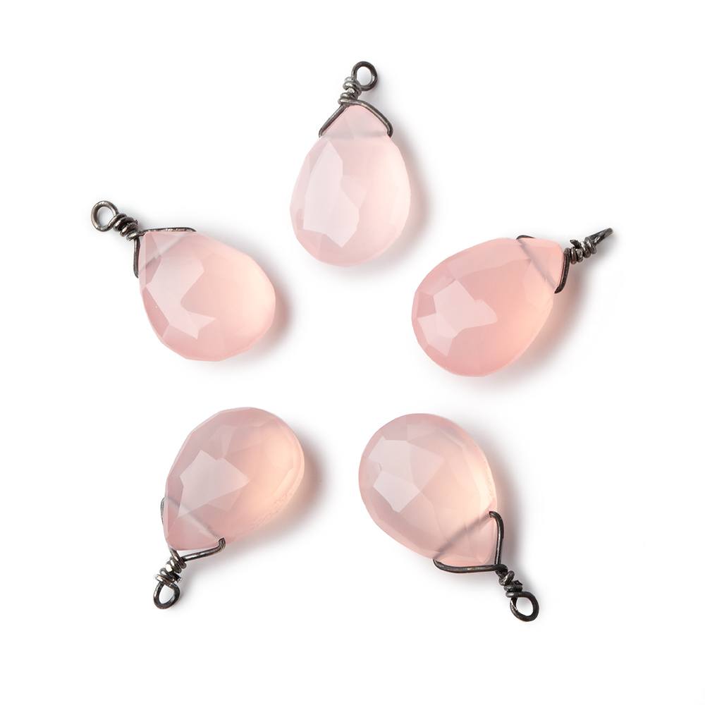12x9mm Black Gold Wire Wrapped Blush Pink Chalcedony Faceted Pear 1 Focal Pendant - Beadsofcambay.com