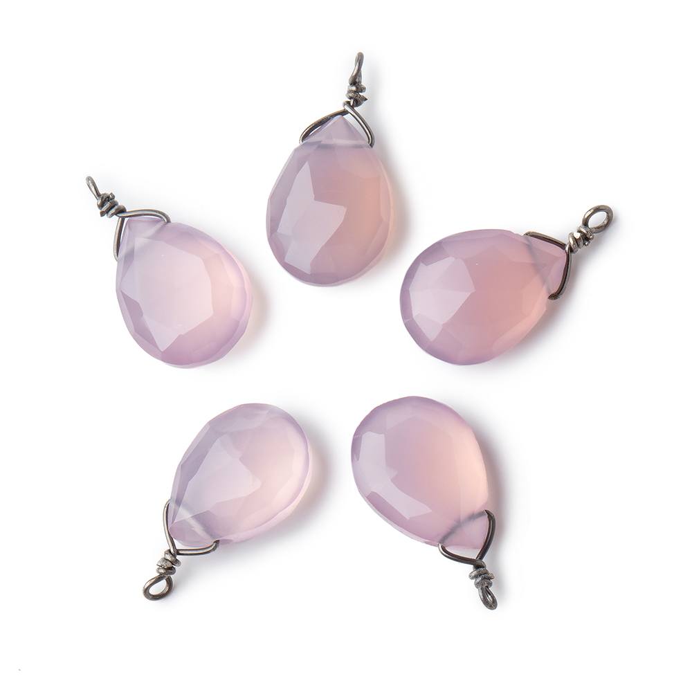 12x9mm Black Gold Wire Wrapped Lilac Pink Chalcedony Faceted Pear 1 Focal Pendant - Beadsofcambay.com
