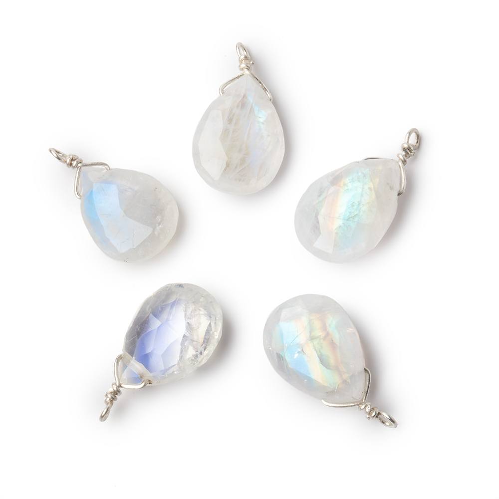12x9mm Silver Wire Wrapped Rainbow Moonstone Faceted Pear 1 Focal Pendant - Beadsofcambay.com