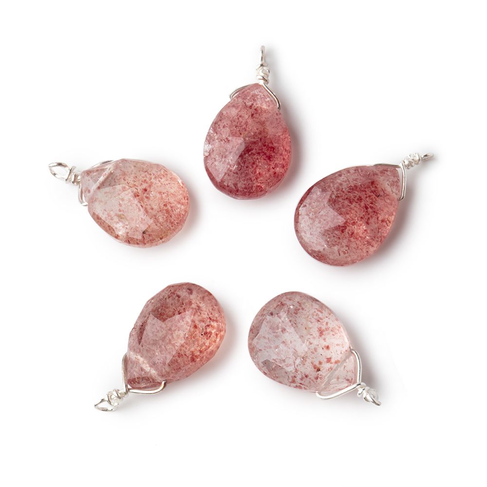 12x9mm Silver Wire Wrapped Strawberry Quartz Faceted Pear 1 Focal Pendant - Beadsofcambay.com