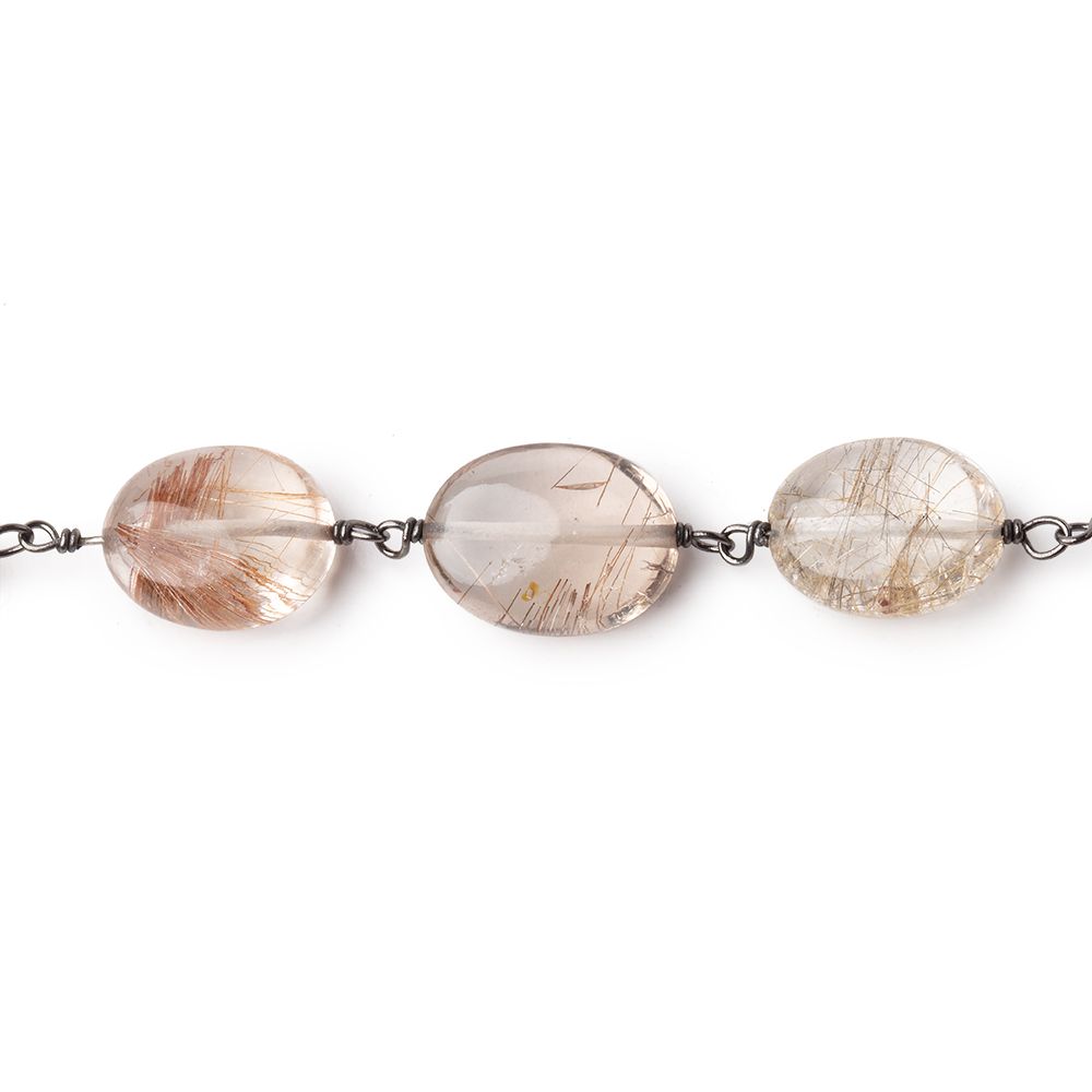 12x9mm Smoky Rutilated Quartz Plain Ovals on Black Gold over .925 Silver Chain - Beadsofcambay.com