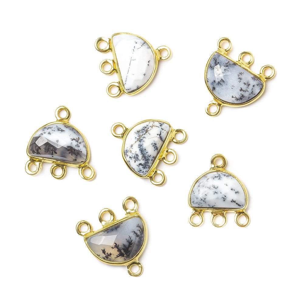 12x9mm Vermeil Dendritic Opal Half Moon East West 3 ring Connector - Beadsofcambay.com