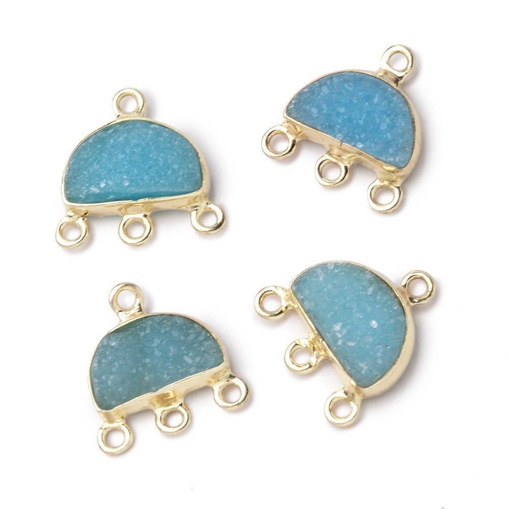 12x9mm Vermeil Santorini Blue Drusy Half Moon East West 3 ring Connector - Beadsofcambay.com