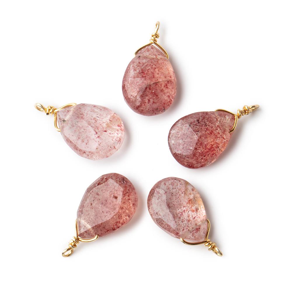 12x9mm Vermeil Wire Wrapped Strawberry Quartz Faceted Pear 1 Focal Pendant - Beadsofcambay.com