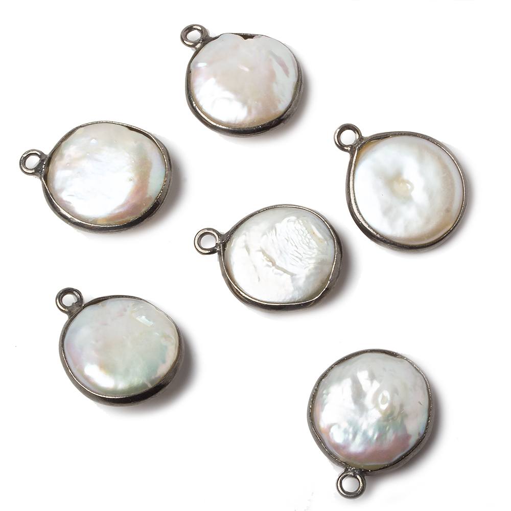 13-14mm Black Gold Bezeled White Coin Freshwater Pearl 1 Ring Focal Pendant 1 piece - Beadsofcambay.com