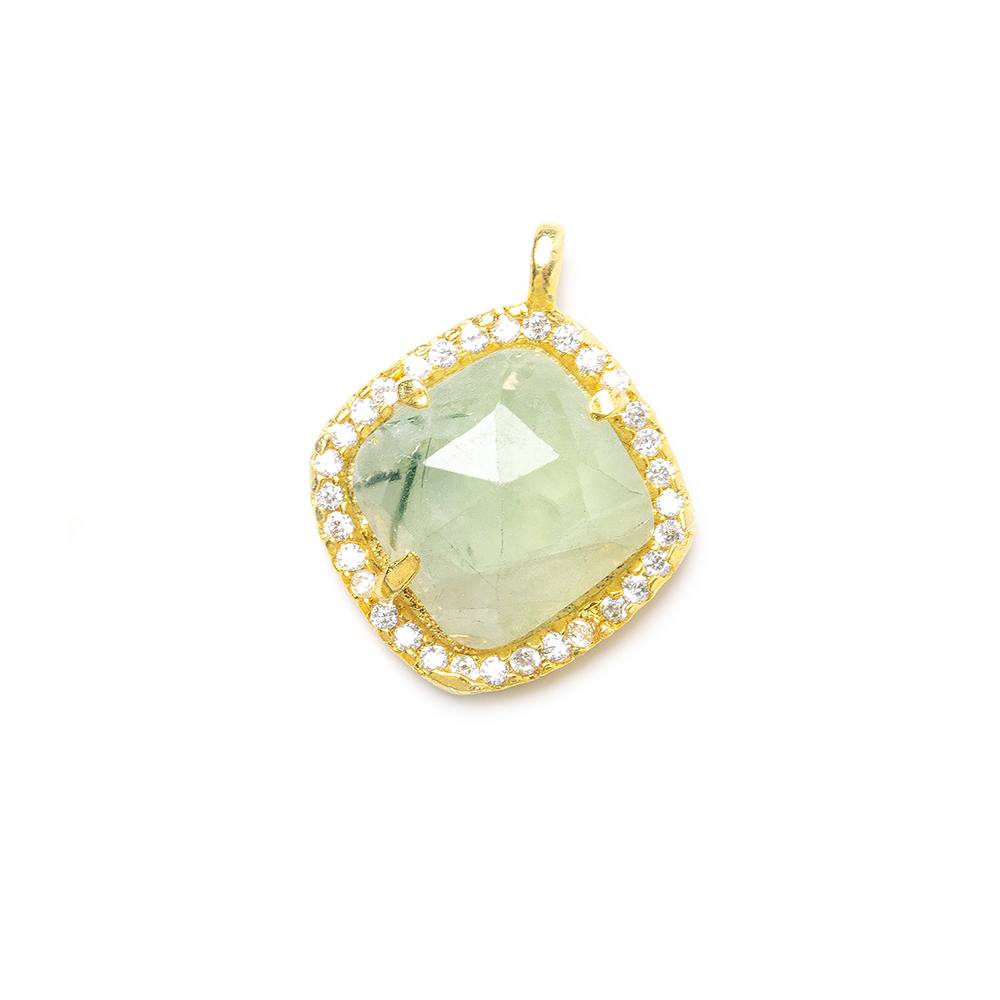 13.5mm Gold Bezel White CZ & Prehnite Cushion Pendant 1 piece - Beadsofcambay.com