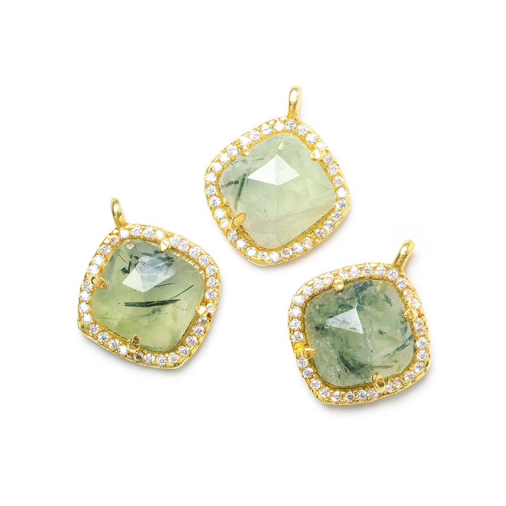 13.5mm Gold Bezel White CZ & Prehnite Cushion Pendant 1 piece - Beadsofcambay.com