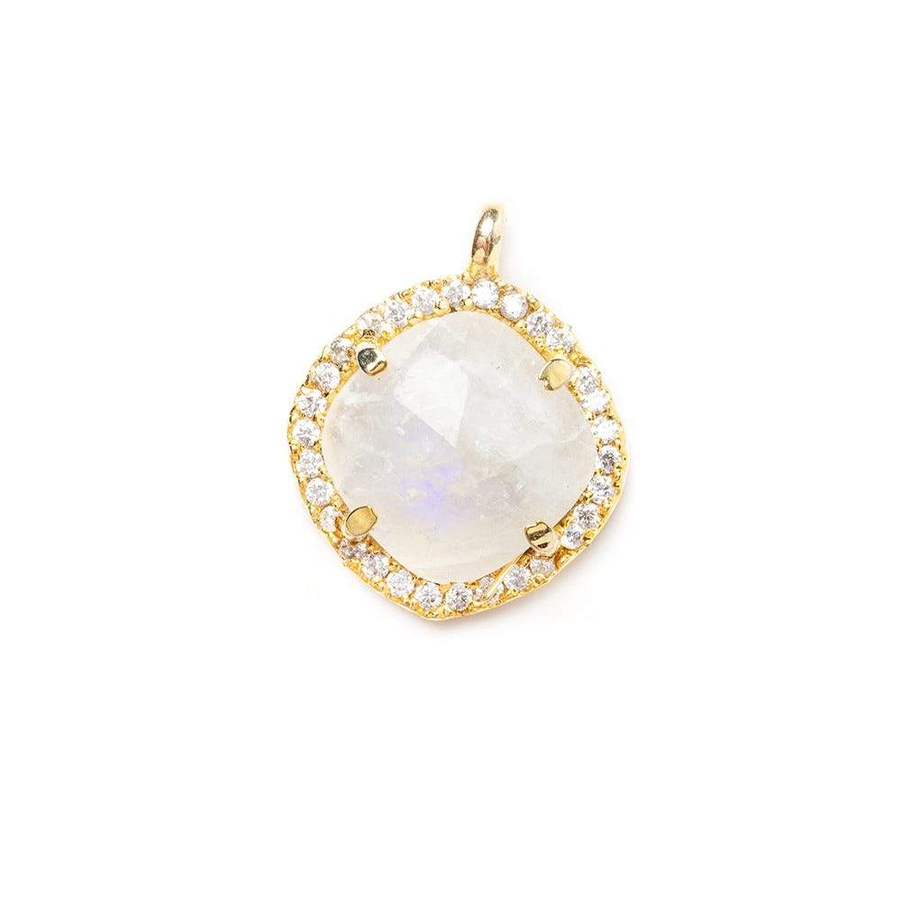 13.5mm Gold Bezel White CZ & Rainbow Moonstone Cushion Pendant 1 piece - Beadsofcambay.com