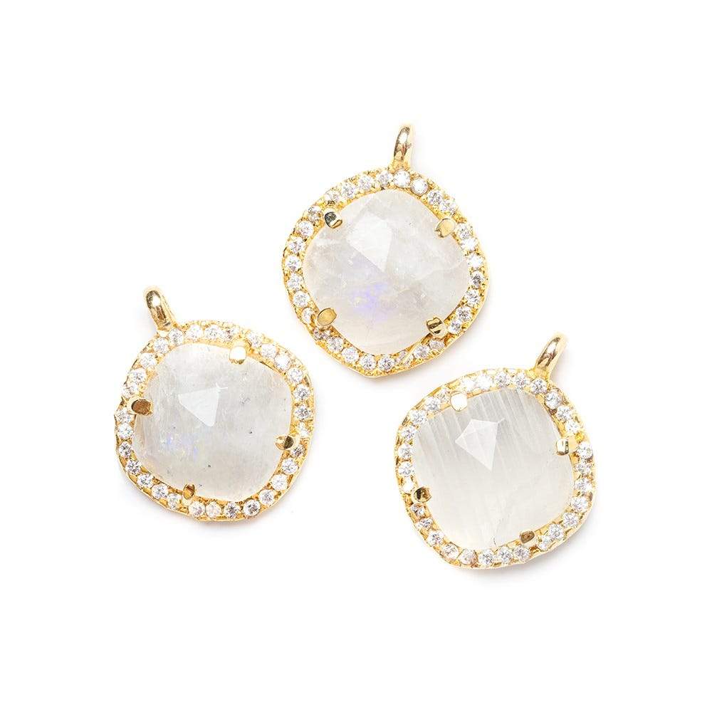 13.5mm Gold Bezel White CZ & Rainbow Moonstone Cushion Pendant 1 piece - Beadsofcambay.com