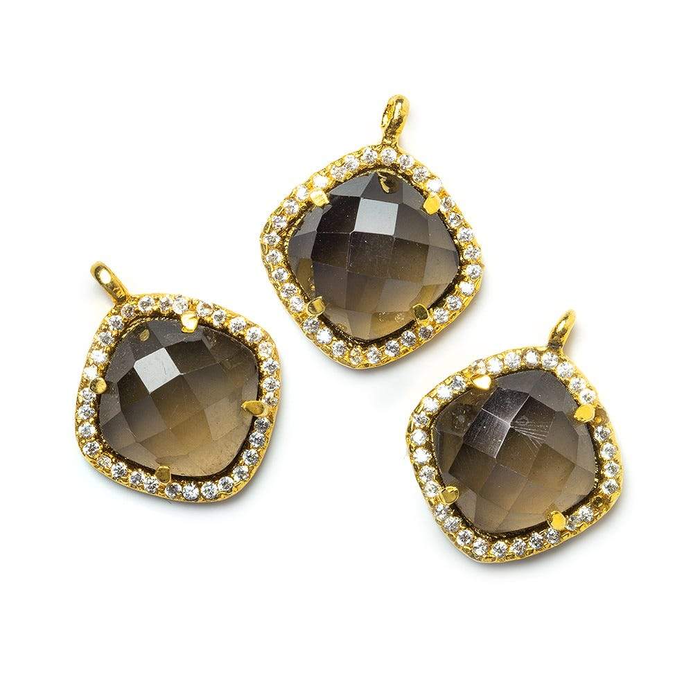 13.5mm Vermeil CZ Bezel Smoky Hydro Quartz Faceted Cushion Pendant 1 piece - Beadsofcambay.com