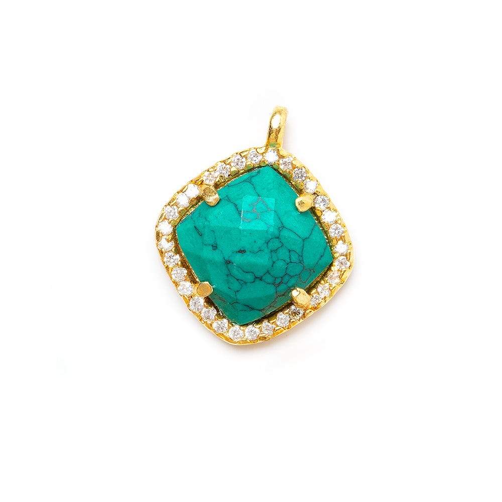 13.5mm Gold Bezel White CZ & Synthetic Turquoise Cushion Pendant 1 piece - Beadsofcambay.com