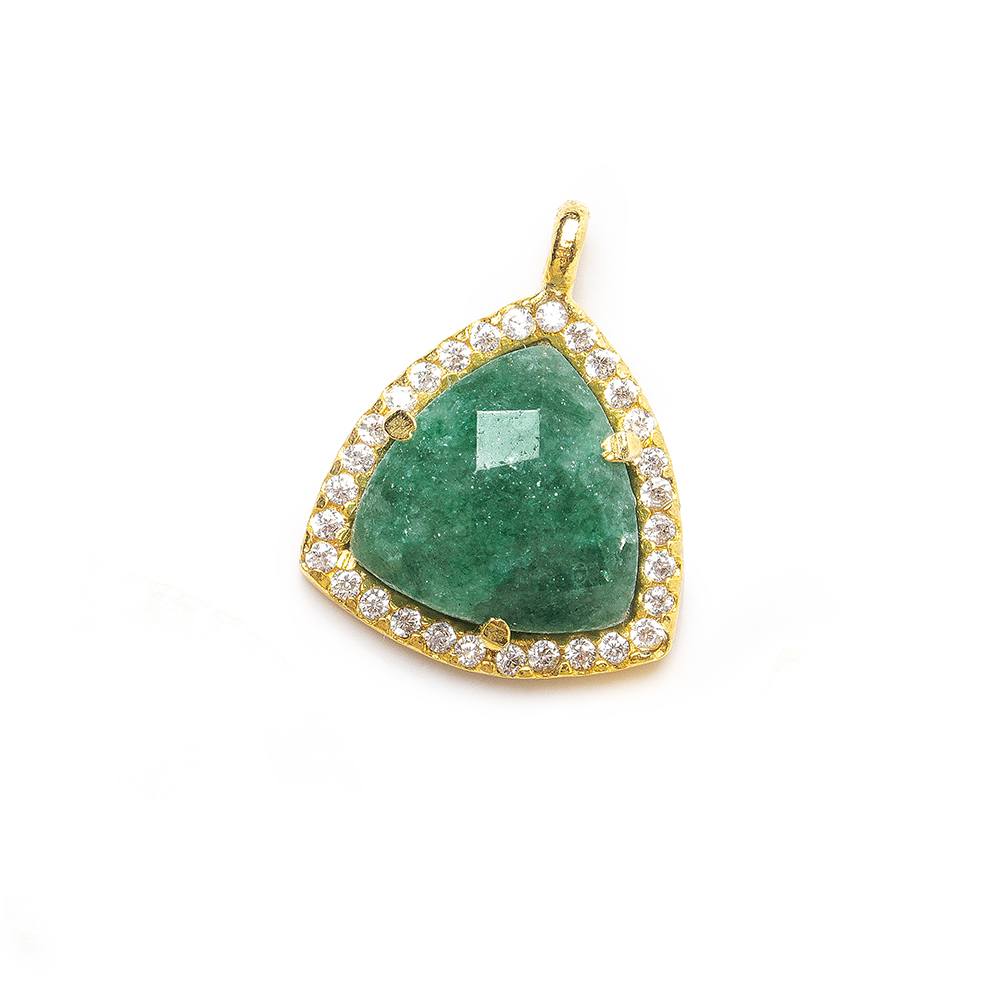 13.5mm Vermeil Bezel White CZ and Green Aventurine Triangle Pendant 1 piece - Beadsofcambay.com
