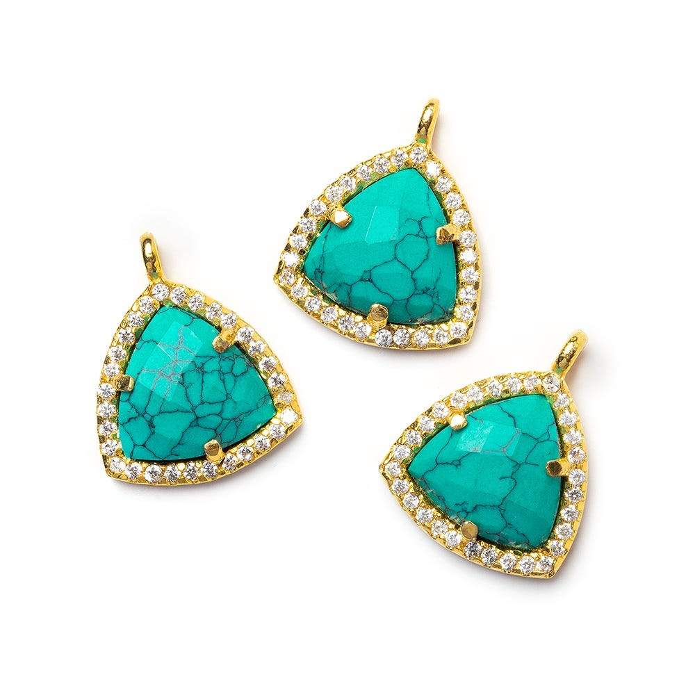13.5mm Vermeil Bezel White CZ and Synthetic Turquoise Triangle Pendant 1 piece - Beadsofcambay.com