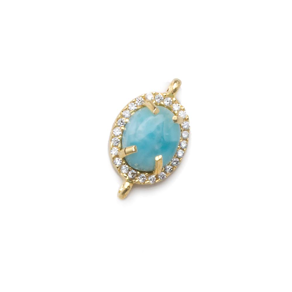 13.5x10mm Gold Bezel White CZ and Larimar Oval Connector 1 focal piece - Beadsofcambay.com