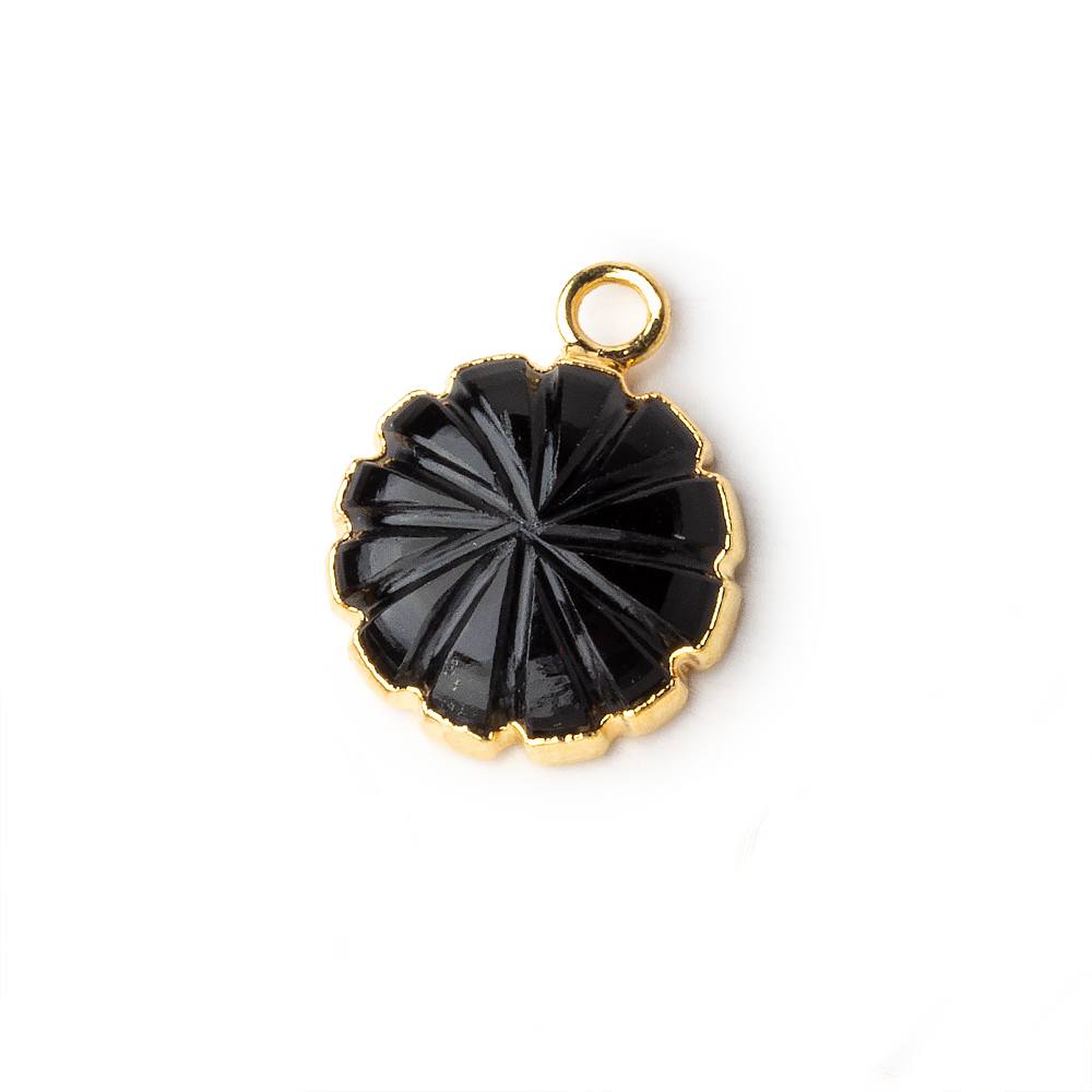 13mm 22kt Gold Leafed Black Chalcedony carved floral coin Pendant 1 focal bead - Beadsofcambay.com
