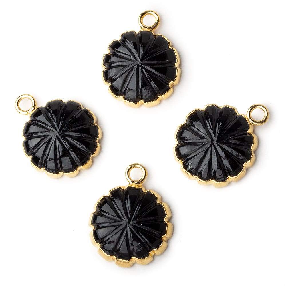 13mm 22kt Gold Leafed Black Chalcedony carved floral coin Pendant 1 focal bead - Beadsofcambay.com