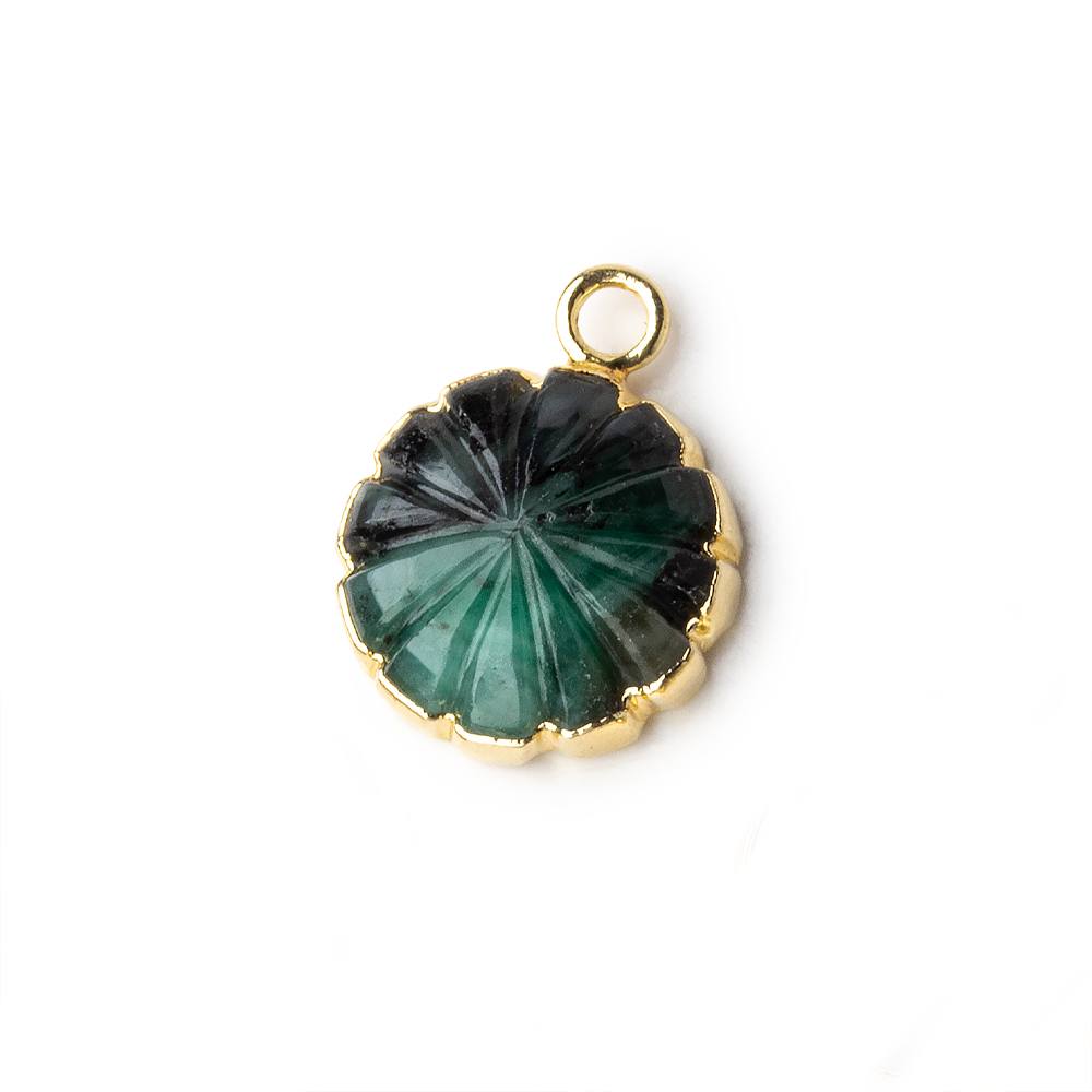 13mm 22kt Gold Leafed Brazilian Emerald carved floral coin Pendant 1 focal bead - Beadsofcambay.com