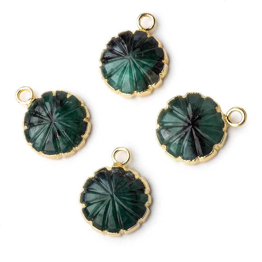 13mm 22kt Gold Leafed Brazilian Emerald carved floral coin Pendant 1 focal bead - Beadsofcambay.com