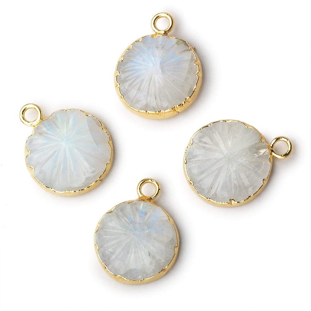 13mm 22kt Gold Leafed Rainbow Moonstone carved floral coin Pendant 1 focal bead - Beadsofcambay.com