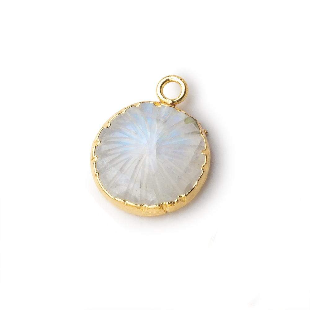 13mm 22kt Gold Leafed Rainbow Moonstone carved floral coin Pendant 1 focal bead - Beadsofcambay.com