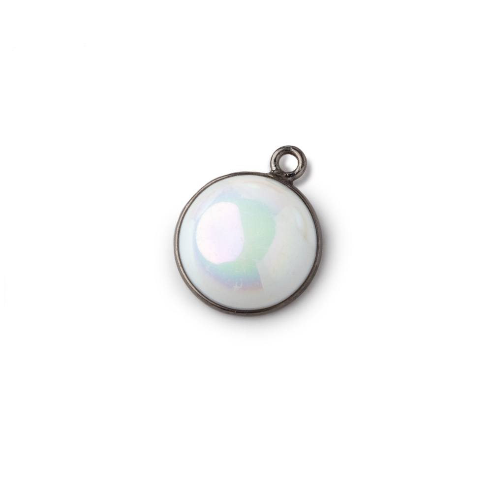 13mm Black Gold Bezel Mystic Grey Blue Opal Coin Cabochon Pendant 1 piece - Beadsofcambay.com