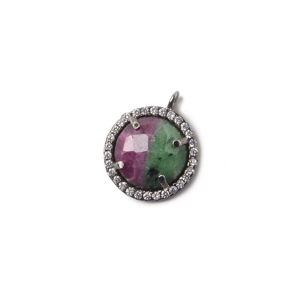 13mm Black Gold Bezel White CZ and Ruby in Zoisite Coin Pendant 1 focal bead - Beadsofcambay.com